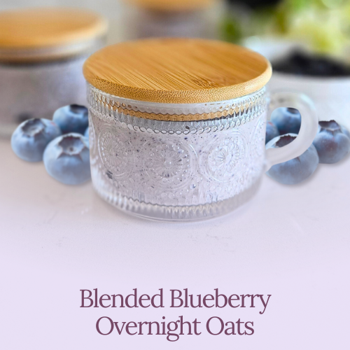 Blended Blueberry Overnight-Oats | Containers Jars with Bamboo Lids and Spoons | Vintage Glass Coffee Mugs Embossed