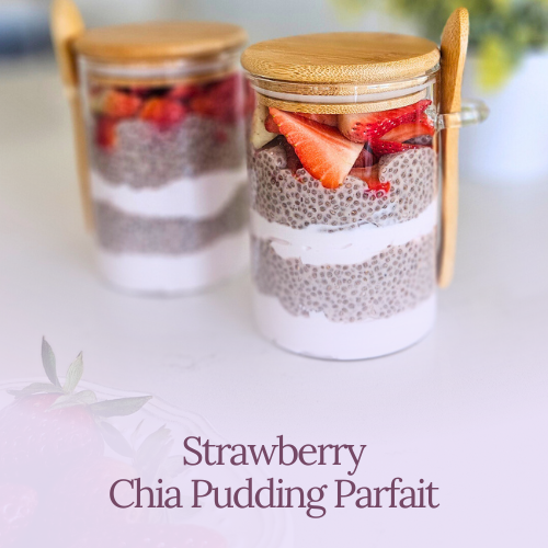 Strawberry Chia Pudding Parfait | Containers Jars with Bamboo Lids and Spoons